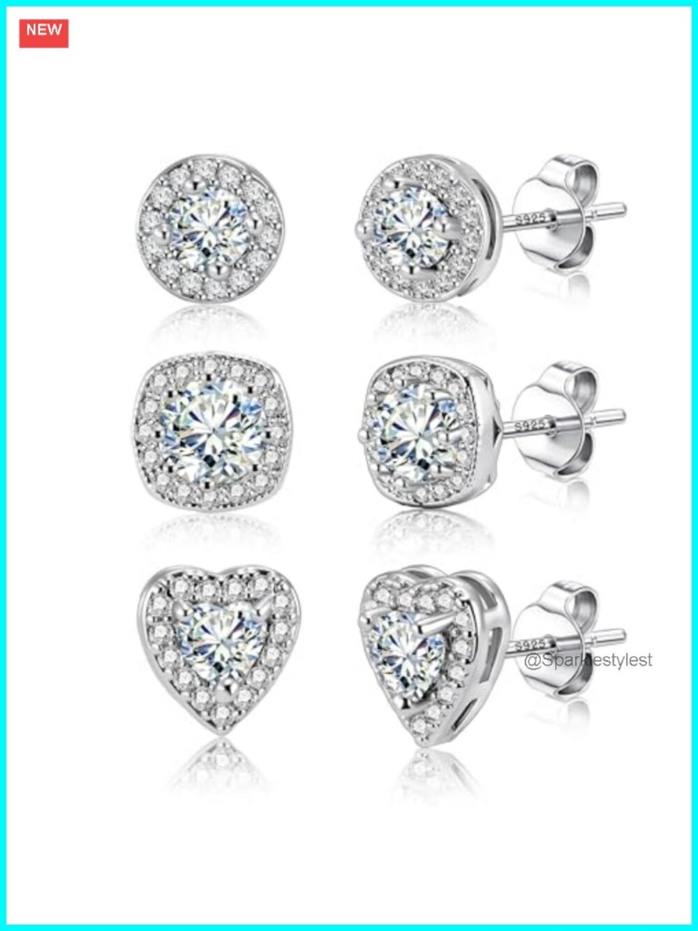 Silver CZ Stud Earrings Set Cubic Zirconia Halo Heart Round Square